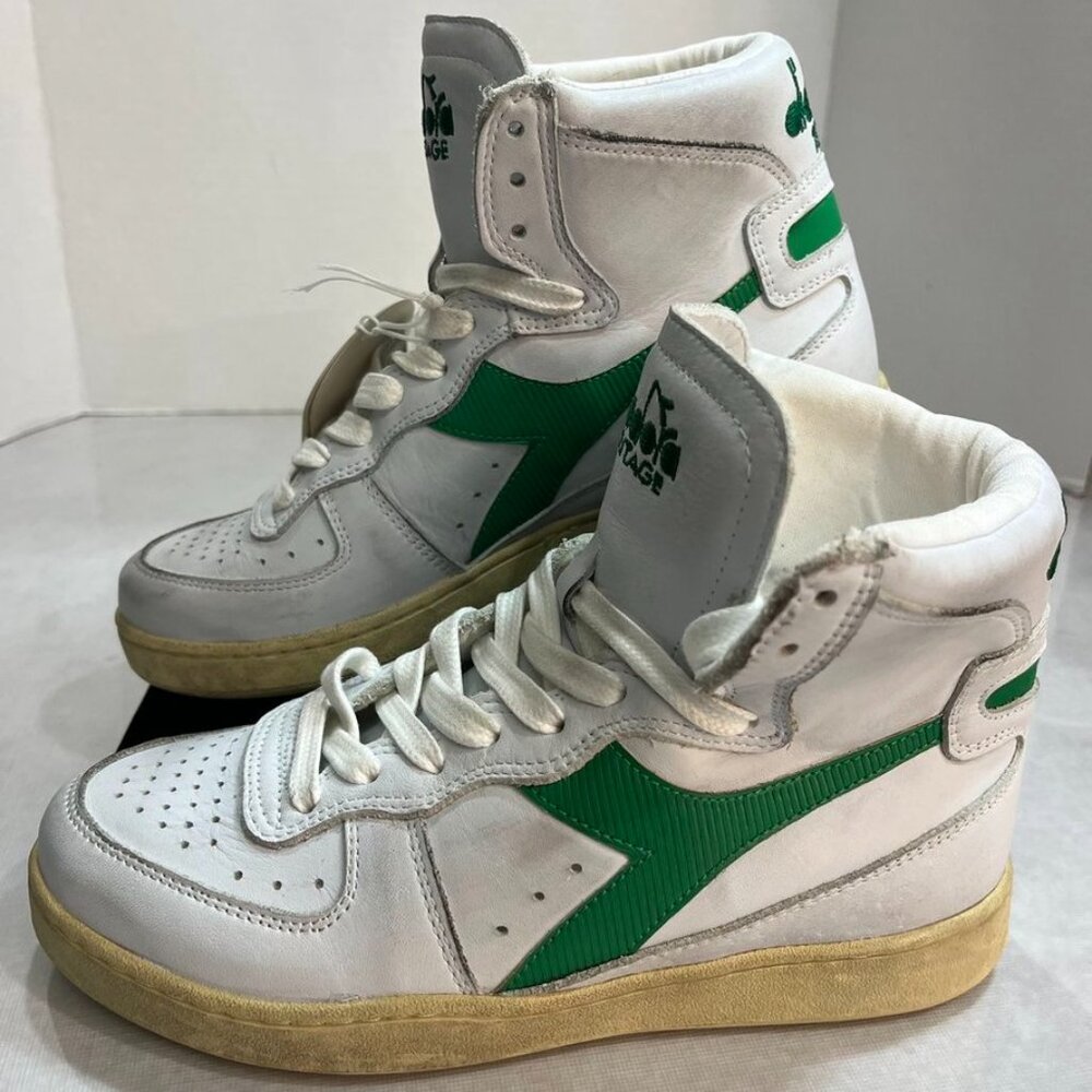 Diadora Heritage MI Basket Used Leather High Top Sneakers White Green Retro 1984